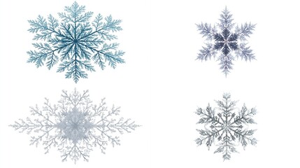 Four diverse snowflake illustrations, showcasing different icy structures and color gradients