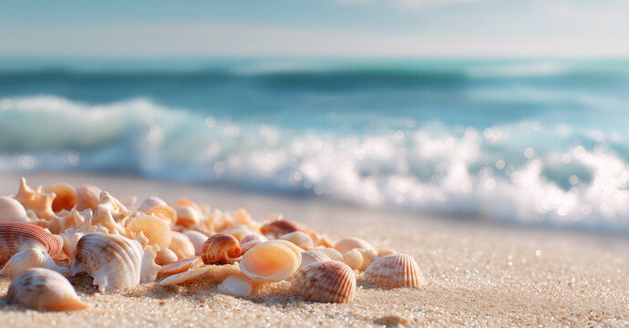 Colorful seashells lie on a sandy beach as gentle waves lap the shore. This tranquil setting is perfect for relaxing during a summer vacation by the ocean, enjoying nature and the beauty of the sea.