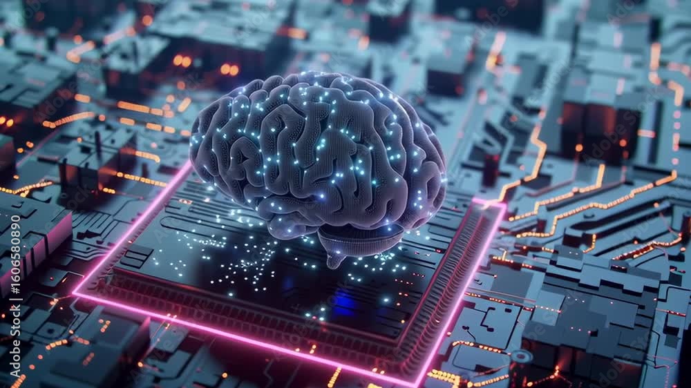 Aufkleber a computer chip with a brain on it. the brain is surrounded by a pink glow. concept of technology an