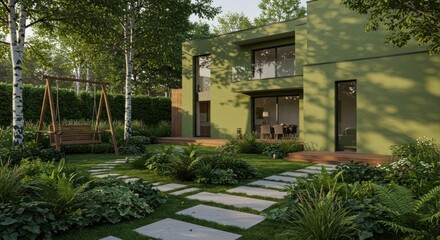 Obraz premium Modern green house with garden, swing, and stone path leading to the entrance.