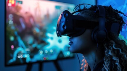 Woman using VR headset, gaming