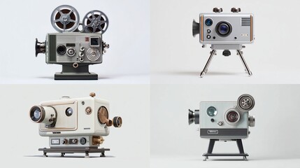 Four vintage movie cameras, each with unique designs and aesthetics, presented on white backdrop