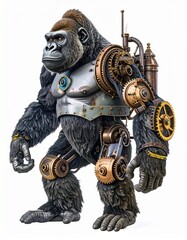 a gorilla, rustic robotic war machine, steampunk engine, high definition image, in white isolated background