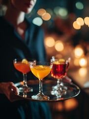 Obraz premium A person elegantly presenting cocktails on a silver tray in a dimly lit, sophisticated setting with warm lighting.