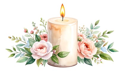 Watercolor candle surrounded by delicate pink roses and verdant foliage illustration