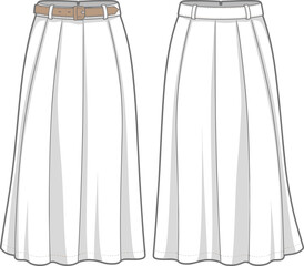 CAD drawing flat vector illustration, white pleated skirts with belts, front and back fashion view, sewing apparel template, garment sketch layout