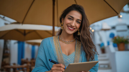 young indian woman holding digital tablet and writing notes