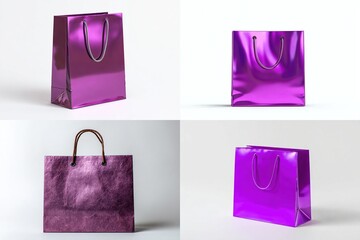 Four views of a purple shopping bag with handles against a white background