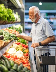 Elderly Man Healthy Grocery Shopping – Fresh Vegetable Selection in Supermarket Produce Aisle