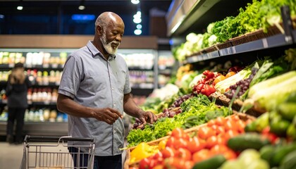 Elderly Man Healthy Grocery Shopping – Fresh Vegetable Selection in Supermarket Produce Aisle