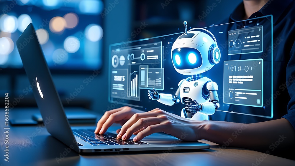 Aufkleber person interacting with a futuristic ai robot on a holographic display