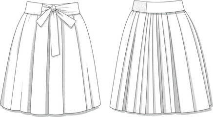 CAD drawing flat vector illustration, skirt design technical sketch, pleated style, tied waist detail, fashion template, apparel layout, sewing pattern
