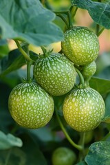 Close-up of ripening green watermelon vine in summer garden setting