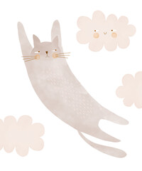Funny Gray Kitty Flying Among Fluffy Clouds. Childish Hand Drawn Vector Illustration Of Happy Dreamy Cat On a White Background. Kids' Room Decoration. Print For Cat Lovers. Gender Neutral Colors. 