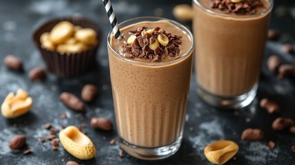 Fototapeta premium Delicious chocolate peanut milkshake with nuts and cocoa toppings