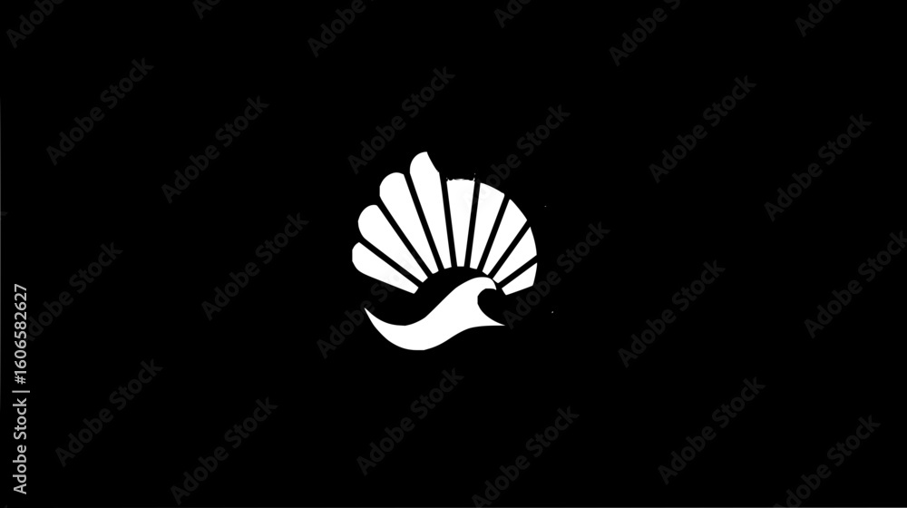 Poster white seashell with radiating lines above a wave crest on a black background in a minimalist design 