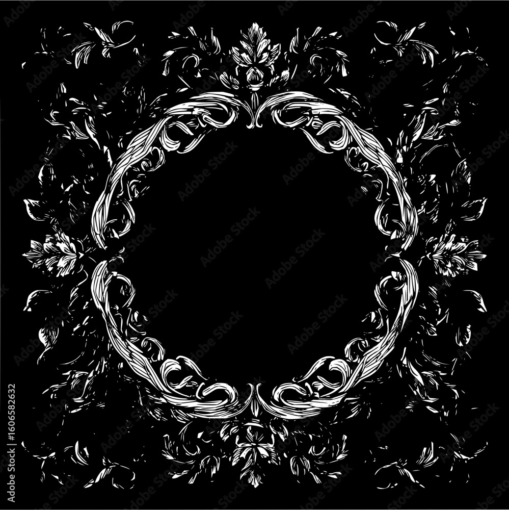 Poster floral frame with ornate white patterns on a black background creating a decorative oval shape desig