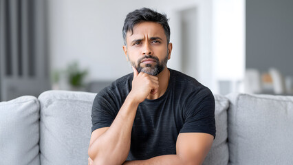 Thoughtful Indian man sitting on couch showing overthinking and deep thought