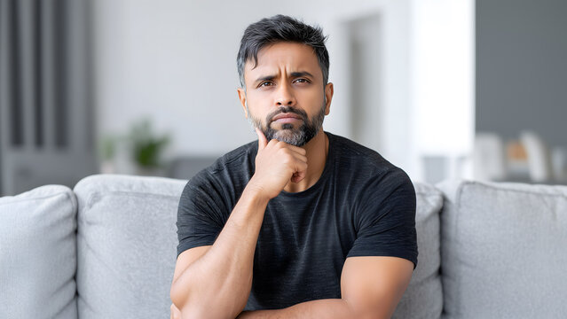 Thoughtful Indian man sitting on couch showing overthinking and deep thought