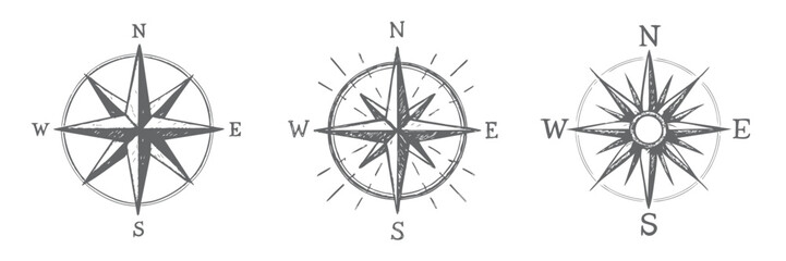 Vintage compass rose sketch — hand-drawn nautical wind rose vector