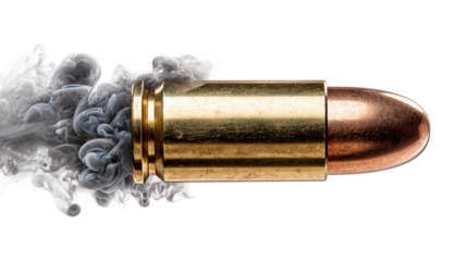 Bullet ejection indoor studio action shot dramatic lighting. Isolated on transparent background, png.