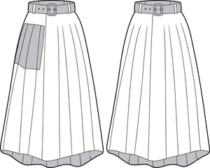 CAD Drawing Flat Vector Illustration of Pleated Skirt with Belt and Pocket, Garment Design Template Showing Front and Back Technical Views