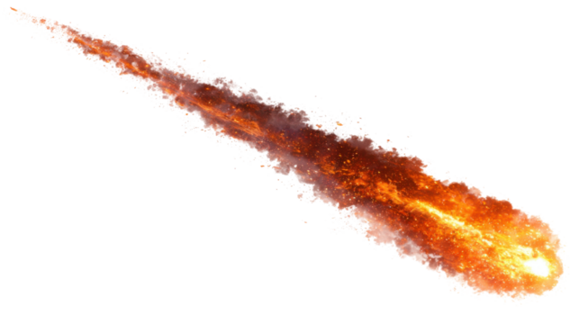 Meteor shower lighting up the night sky outdoor action scene. Isolated on transparent background, png.