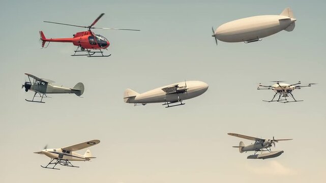 Various Aircraft in Flight Against Clear Sky