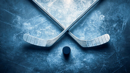 Background of crossed hockey sticks and pucks lying on ice