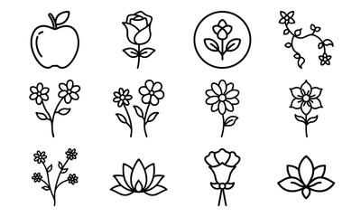 Minimal Line Art Icons of Flowers and Fruits – Rose, Lotus, Daisy, Apple, Banana and Botanical Elements for Nature, Garden, and Floral Design