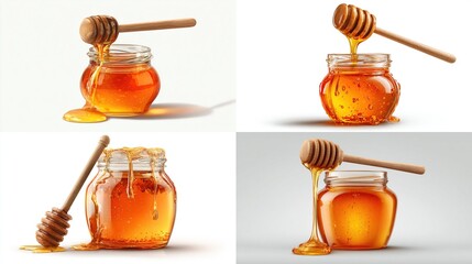 Four images show honey jars with wooden dippers. Golden honey drips down the glass, creating a sweet mess