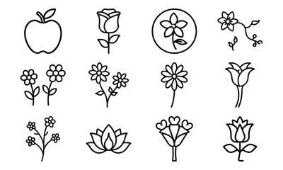 Minimal Line Art Icons of Flowers and Fruits – Rose, Lotus, Daisy, Apple, Banana and Botanical Elements for Nature, Garden, and Floral Design