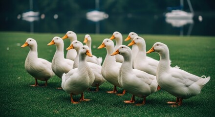 Obraz premium White ducks on green grass near water