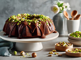 chocolate turtle bundt cake drizzled with chocolate ganache and pistachios