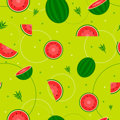 A vibrant seamless pattern featuring whole and sliced watermelons with green leaves on a bright background. Perfect for summer-themed designs, textiles, and digital projects.