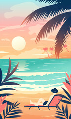 Minimalist tropical beach illustration with a person relaxing on a lounge chair under palm trees at sunset. Perfect for travel, summer, vacation, and relaxation-themed designs