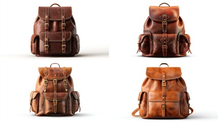 Four brown leather backpacks with buckle closures, side pockets, and top handles