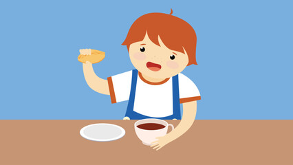 boy eating a croissant and drinking coffee. vector illustration.