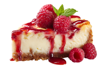 On transparent background a mouthwatering slice of raspberry cheesecake adorned with fresh raspberries a