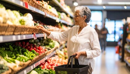 Elderly Woman Healthy Grocery Shopping – Fresh Vegetable Selection in Supermarket Produce Aisle