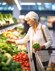 Elderly Woman Healthy Grocery Shopping – Fresh Vegetable Selection in Supermarket Produce Aisle