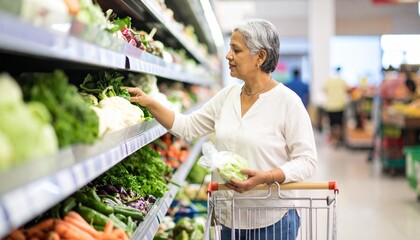 Elderly Woman Healthy Grocery Shopping – Fresh Vegetable Selection in Supermarket Produce Aisle