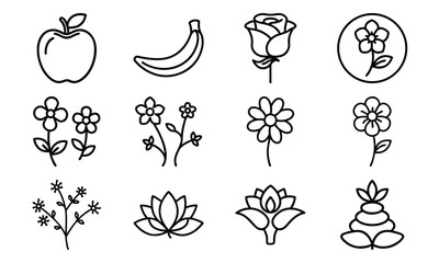 Minimal Line Art Icons of Flowers and Fruits – Rose, Lotus, Daisy, Apple, Banana and Botanical Elements for Nature, Garden, and Floral Design