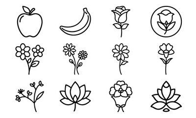 Minimal Line Art Icons of Flowers and Fruits – Rose, Lotus, Daisy, Apple, Banana and Botanical Elements for Nature, Garden, and Floral Design