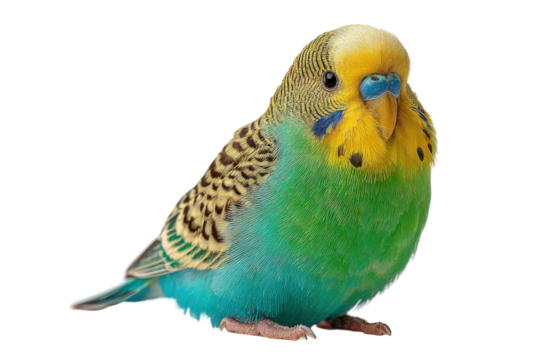 Colorful budgerigar bird close-up studio setting photography nature. Isolated on transparent background, png.