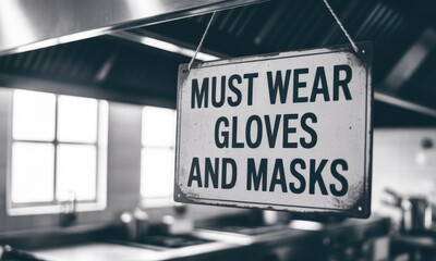 Must Wear Gloves and Masks" sign hangs in a blurry commercial kitchen