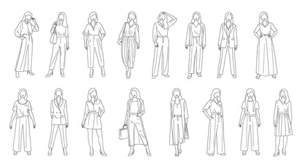 Various female fashion outfits in outline style.