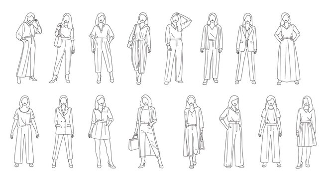 Various female fashion outfits in outline style.