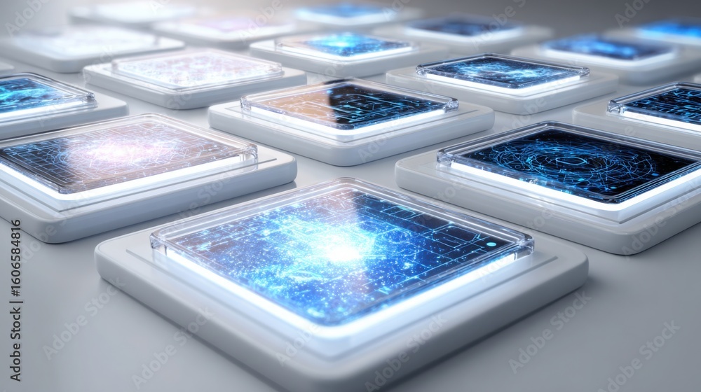 Poster collection of various cell phones displaying diverse features and functions in a modern digital envi