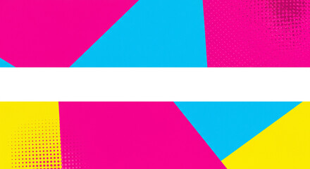 Obraz premium A vibrant and energetic pop art-inspired background featuring bold geometric blocks of hot pink, bright blue, and sunny yellow with halftone dot patterns and copy space. 